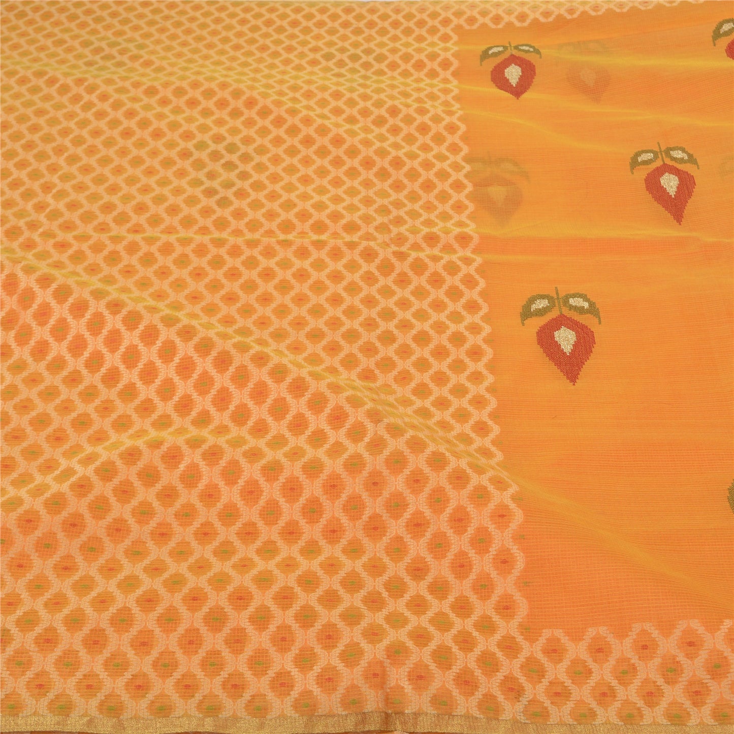 Sanskriti Vintage Sindhi Embroidered Saffron Cotton Sari Fabric: Floral Kota Border Indian Heritage Textile Craft Supplies Material & Upcyclers