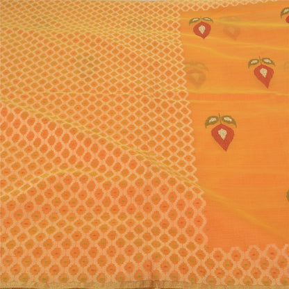 Sanskriti Vintage Sindhi Embroidered Saffron Cotton Sari Fabric: Floral Kota Border Indian Heritage Textile Craft Supplies Material & Upcyclers