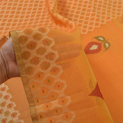 Sanskriti Vintage Sindhi Embroidered Saffron Cotton Sari Fabric: Floral Kota Border Indian Heritage Textile Craft Supplies Material & Upcyclers
