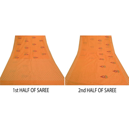 Sanskriti Vintage Sindhi Embroidered Saffron Cotton Sari Fabric: Floral Kota Border Indian Heritage Textile Craft Supplies Material & Upcyclers