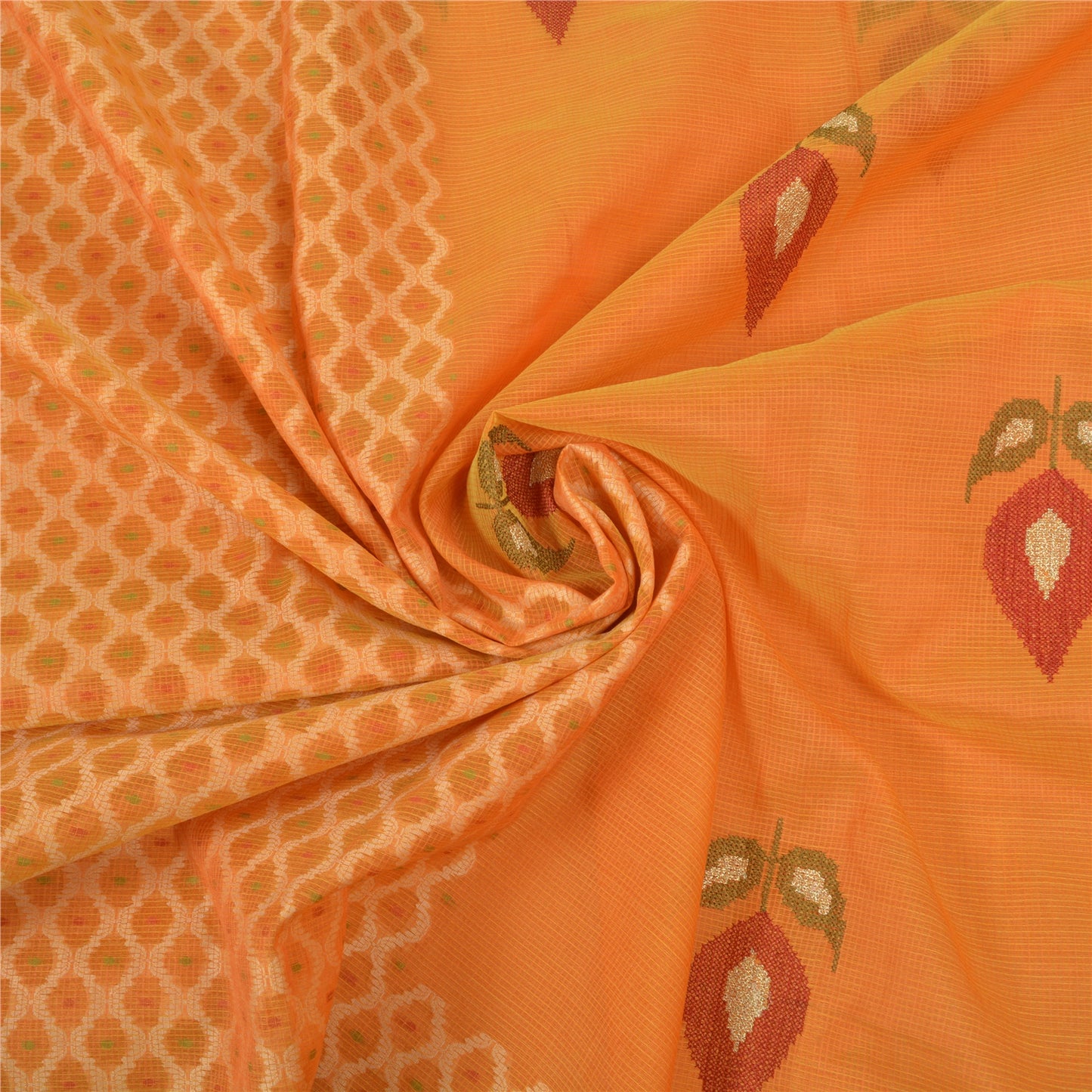 Sanskriti Vintage Sindhi Embroidered Saffron Cotton Sari Fabric: Floral Kota Border Indian Heritage Textile Craft Supplies Material & Upcyclers
