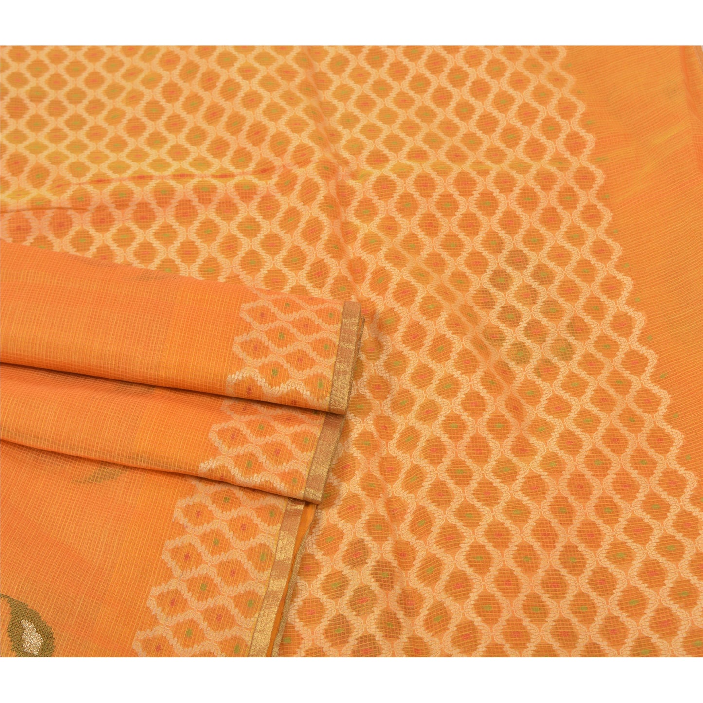 Sanskriti Vintage Sindhi Embroidered Saffron Cotton Sari Fabric: Floral Kota Border Indian Heritage Textile Craft Supplies Material & Upcyclers