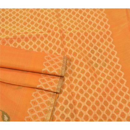 Sanskriti Vintage Sindhi Embroidered Saffron Cotton Sari Fabric: Floral Kota Border Indian Heritage Textile Craft Supplies Material & Upcyclers