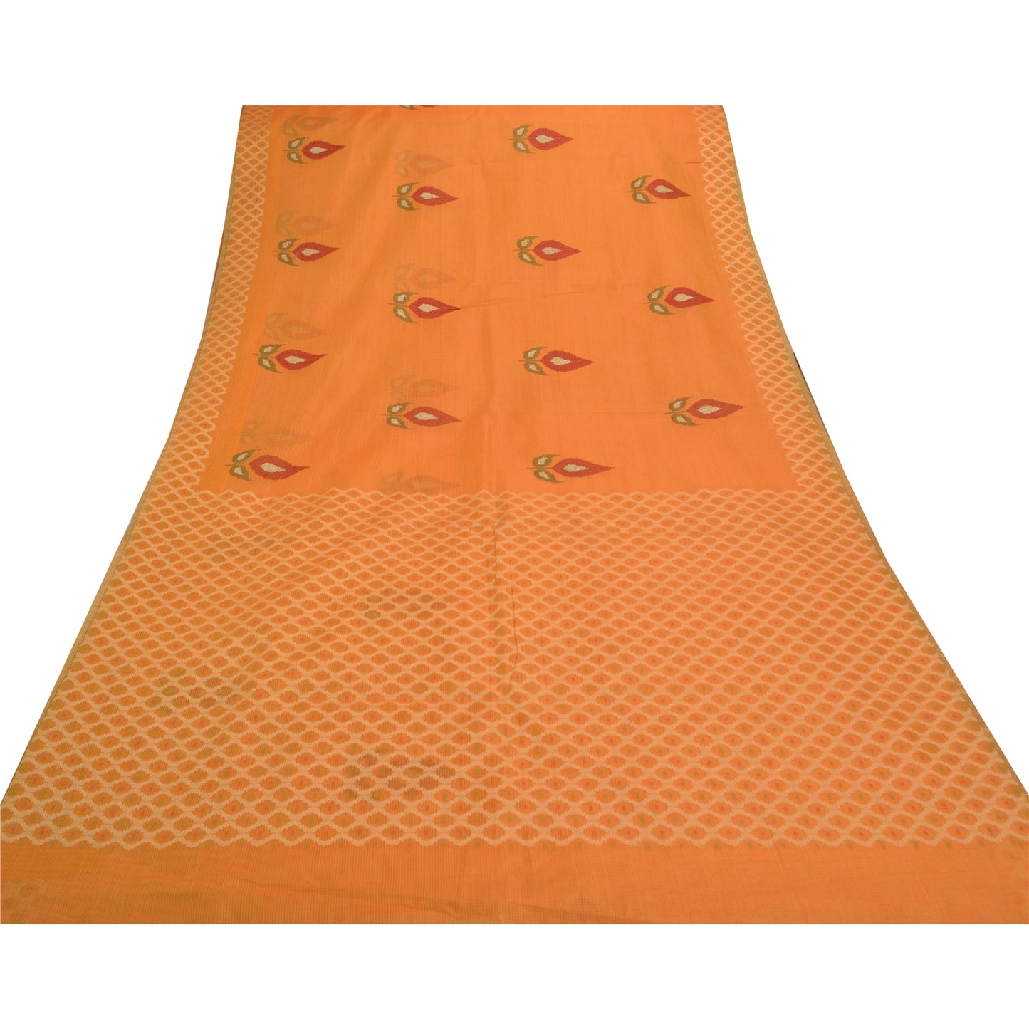 Sanskriti Vintage Sindhi Embroidered Saffron Cotton Sari Fabric: Floral Kota Border Indian Heritage Textile Craft Supplies Material & Upcyclers