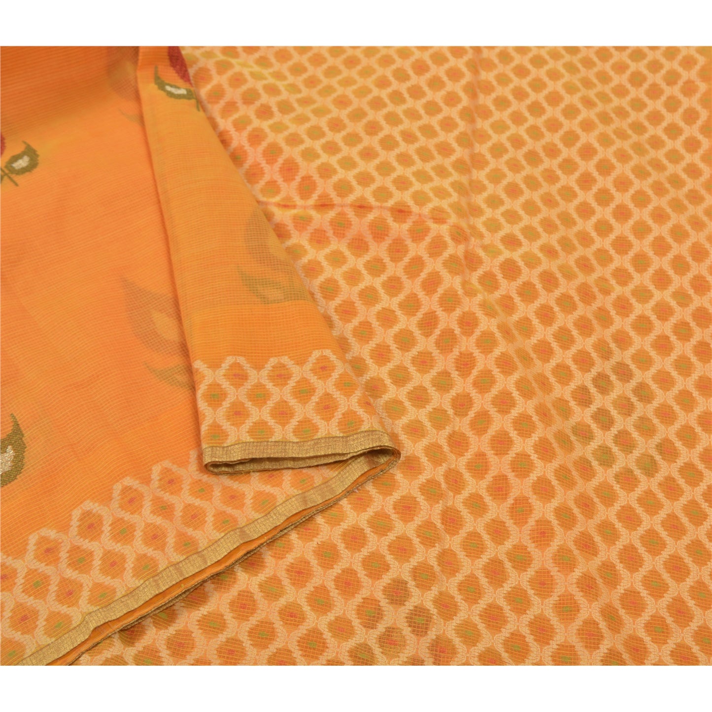 Sanskriti Vintage Sindhi Embroidered Saffron Cotton Sari Fabric: Floral Kota Border Indian Heritage Textile Craft Supplies Material & Upcyclers