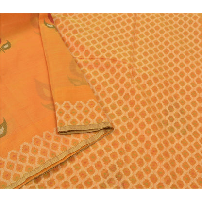 Sanskriti Vintage Sindhi Embroidered Saffron Cotton Sari Fabric: Floral Kota Border Indian Heritage Textile Craft Supplies Material & Upcyclers