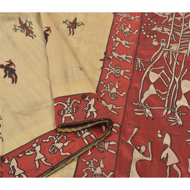 Sanskriti Vintage Red Sarees Art Silk Embroidered Warli Premium Sari Sustainable Fabric
