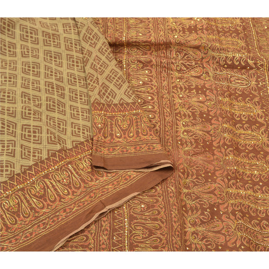 Sanskriti Vintage Brown Sarees Blend Cotton Hand Beaded Premium Sari Sustainable Fabric