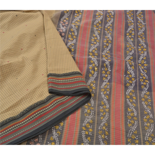 Sanskriti Vintage Beige Sarees Blend Cotton Sari Handmade Ilkal Sustainable Fabric