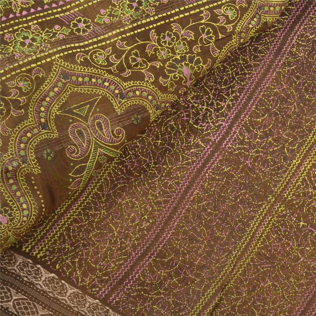 Sanskriti Vintage Brown Pure Silk Sari: Brocade Zari Woven Fabric, 5yd Uses--Crafts Sewing Patchwork Home Decor, Bag Making, Etc