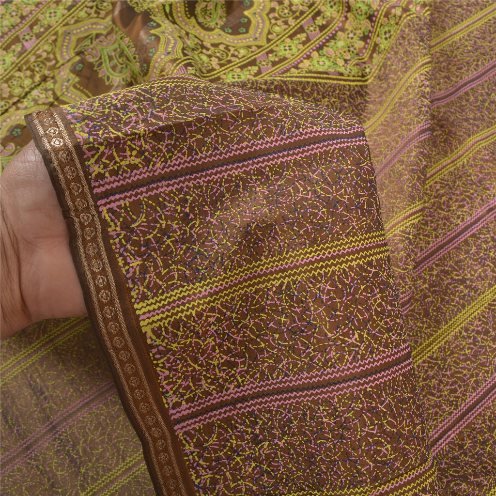 Sanskriti Vintage Brown Pure Silk Sari: Brocade Zari Woven Fabric, 5yd Uses--Crafts Sewing Patchwork Home Decor, Bag Making, Etc