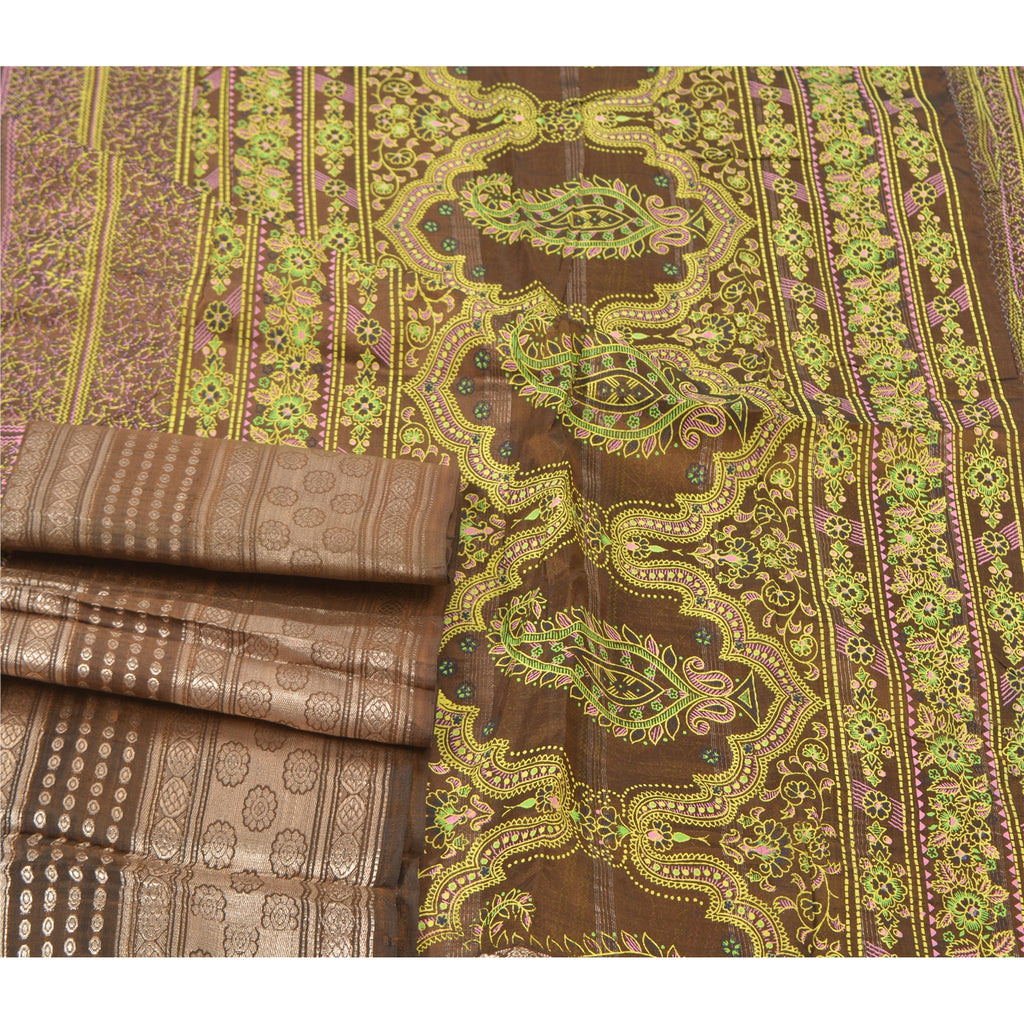 Sanskriti Vintage Brown Pure Silk Sari: Brocade Zari Woven Fabric, 5yd Uses--Crafts Sewing Patchwork Home Decor, Bag Making, Etc