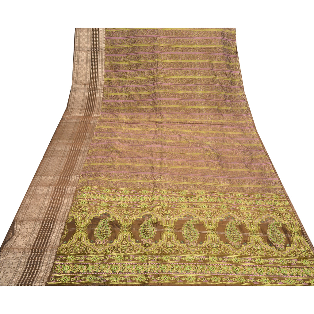 Sanskriti Vintage Brown Pure Silk Sari: Brocade Zari Woven Fabric, 5yd Uses--Crafts Sewing Patchwork Home Decor, Bag Making, Etc