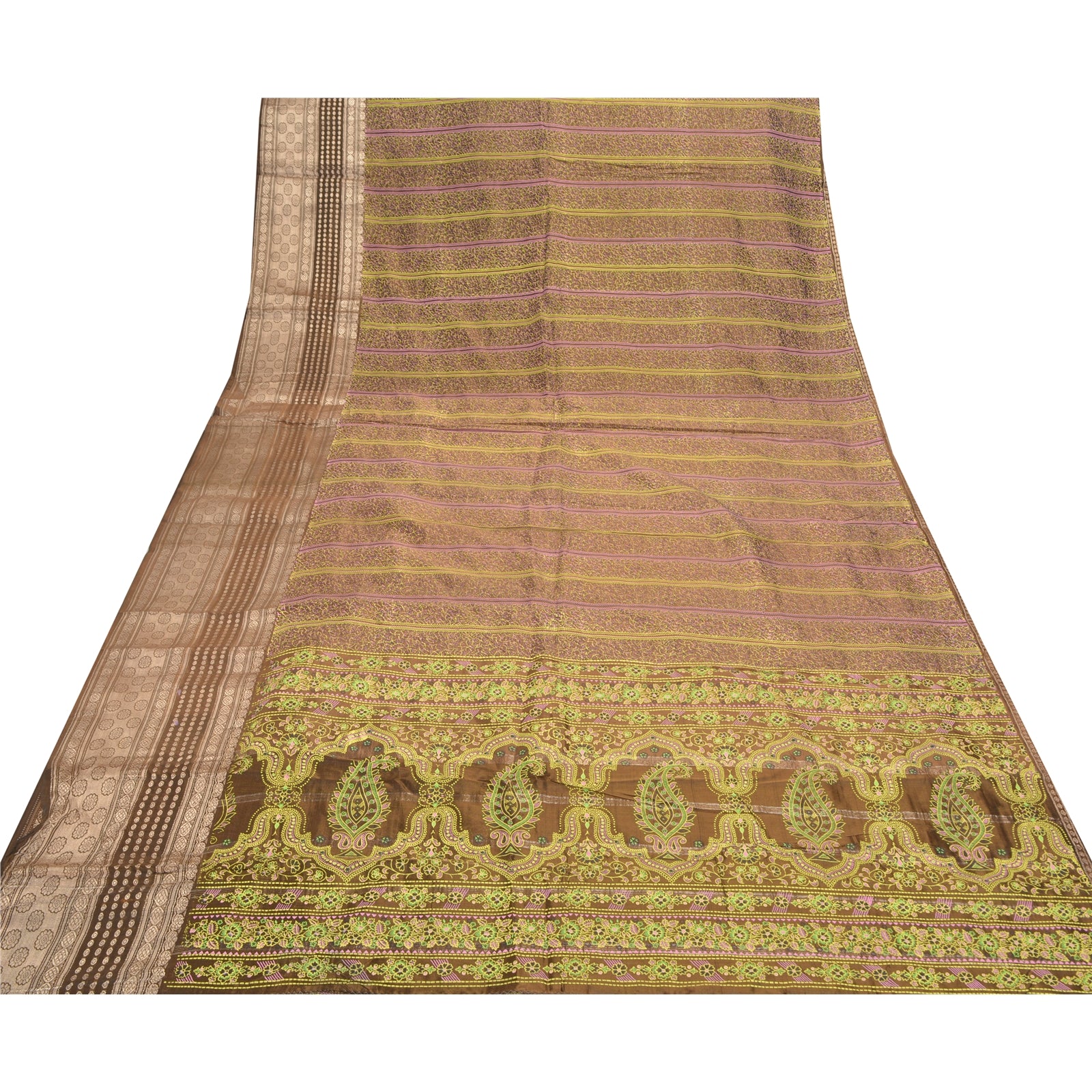 Sanskriti Vintage Brown Pure Silk Sari: Brocade Zari Woven Fabric, 5yd Uses--Crafts Sewing Patchwork Home Decor, Bag Making, Etc