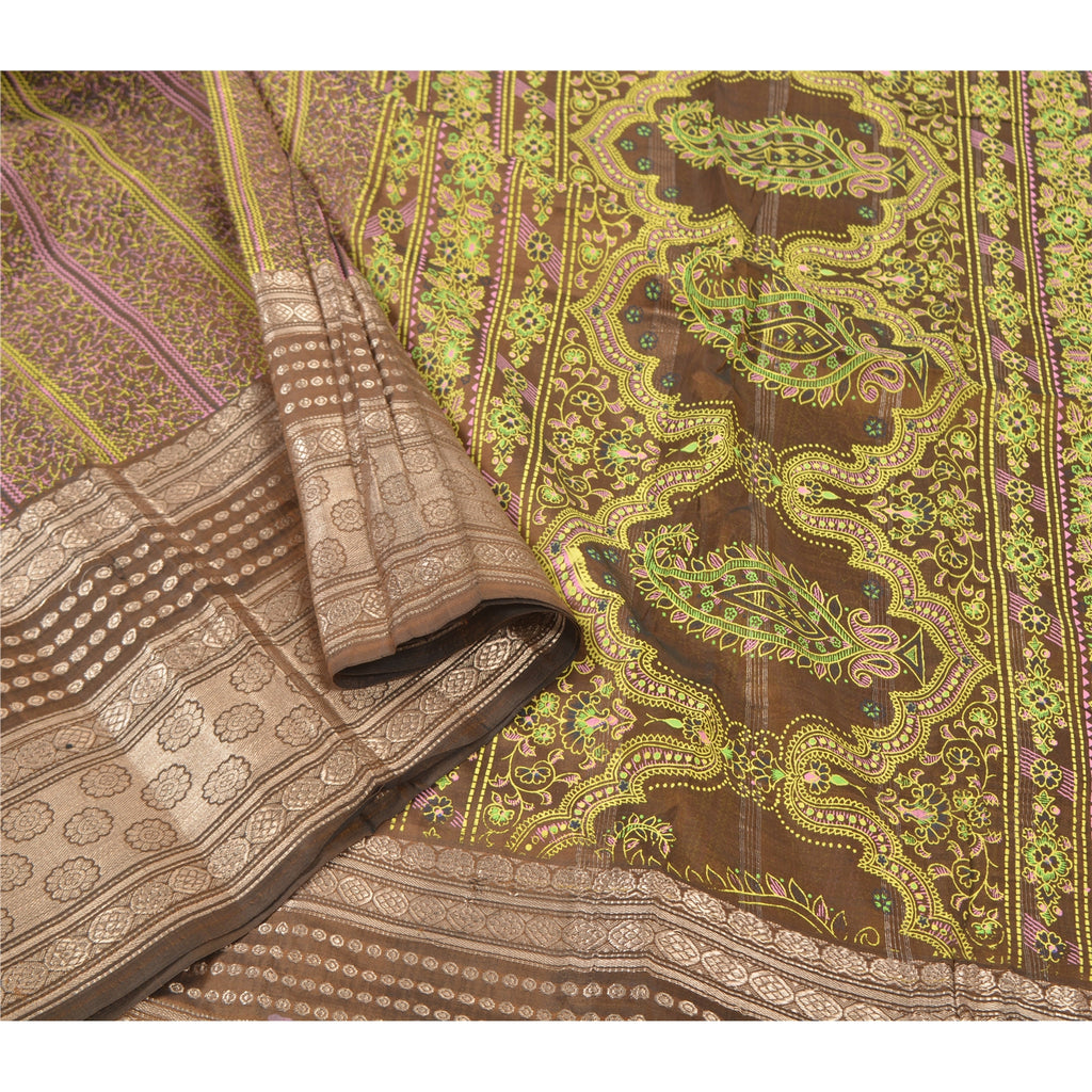 Sanskriti Vintage Brown Pure Silk Sari: Brocade Zari Woven Fabric, 5yd Uses--Crafts Sewing Patchwork Home Decor, Bag Making, Etc