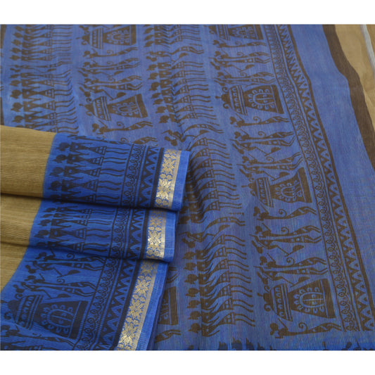 Sanskriti Vintage Blue Sarees Art Silk Warli Print Human Sari 5 Yard Sustainable Fabric