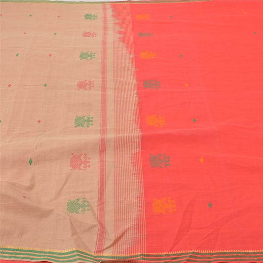 Sanskriti Vintage Peach Sarees Pure Cotton Bengali Tant Sari Sustainable Fabric Blouse Pc