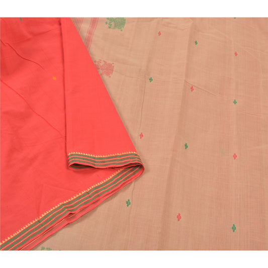 Sanskriti Vintage Peach Sarees Pure Cotton Bengali Tant Sari Sustainable Fabric Blouse Pc