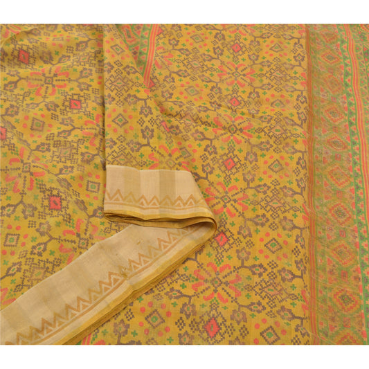 Sanskriti Vintage Yellow Sarees Blend Silk Printed Sari 5 Yard Craft Sustainable Fabric