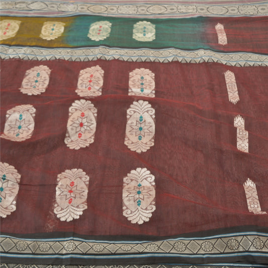 Sanskriti Vintage Dark Red Sarees Blend Silk Handwoven Sari Premium 5 Yd Sustainable Fabric