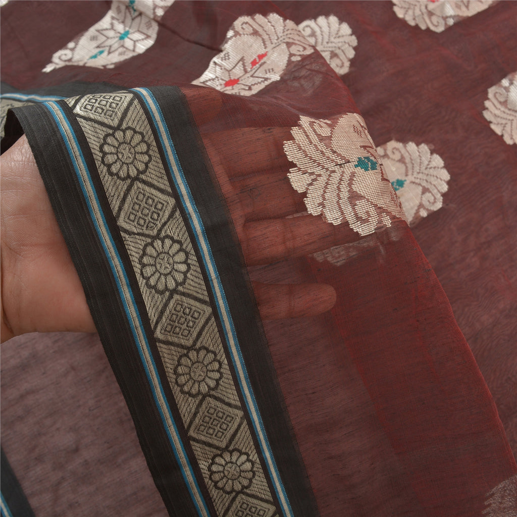 Sanskriti Vintage Dark Red Sarees Blend Silk Handwoven Sari Premium 5 Yd Sustainable Fabric