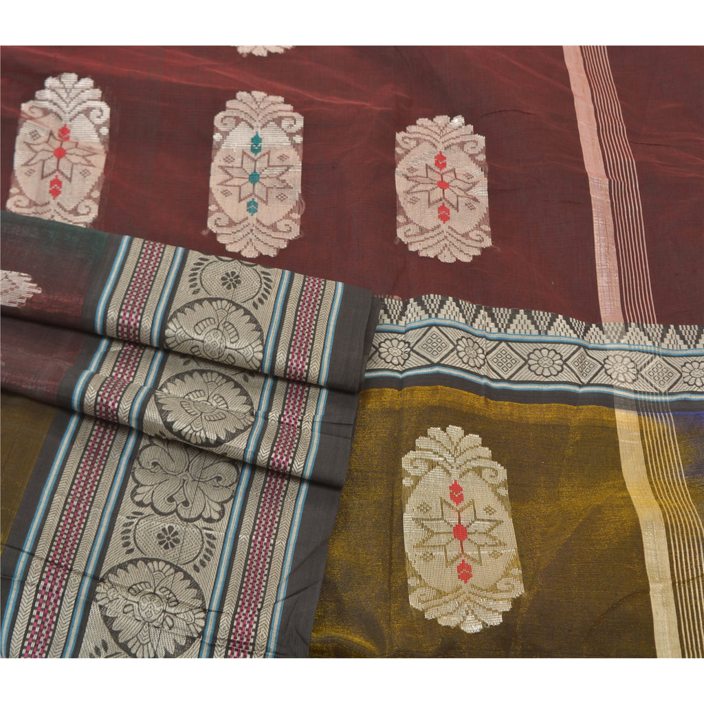 Sanskriti Vintage Dark Red Sarees Blend Silk Handwoven Sari Premium 5 Yd Sustainable Fabric