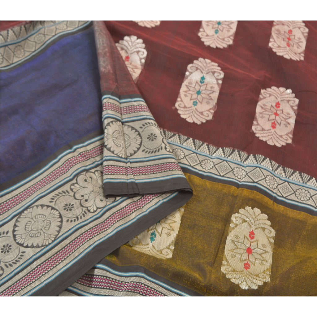 Sanskriti Vintage Dark Red Sarees Blend Silk Handwoven Sari Premium 5 Yd Sustainable Fabric