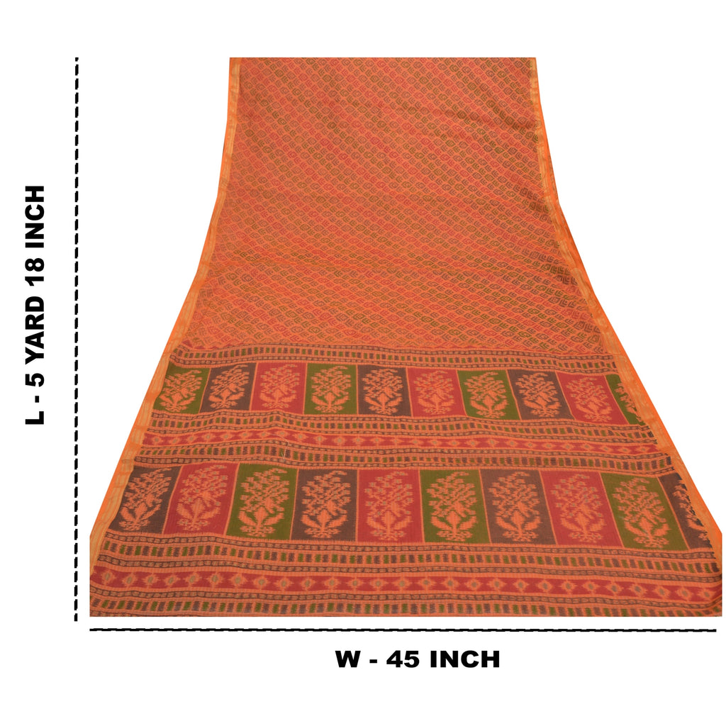 Sanskriti Vintage Saffron Sarees Pure Cotton Sari Printed Craft 5 Yard Sustainable Fabric