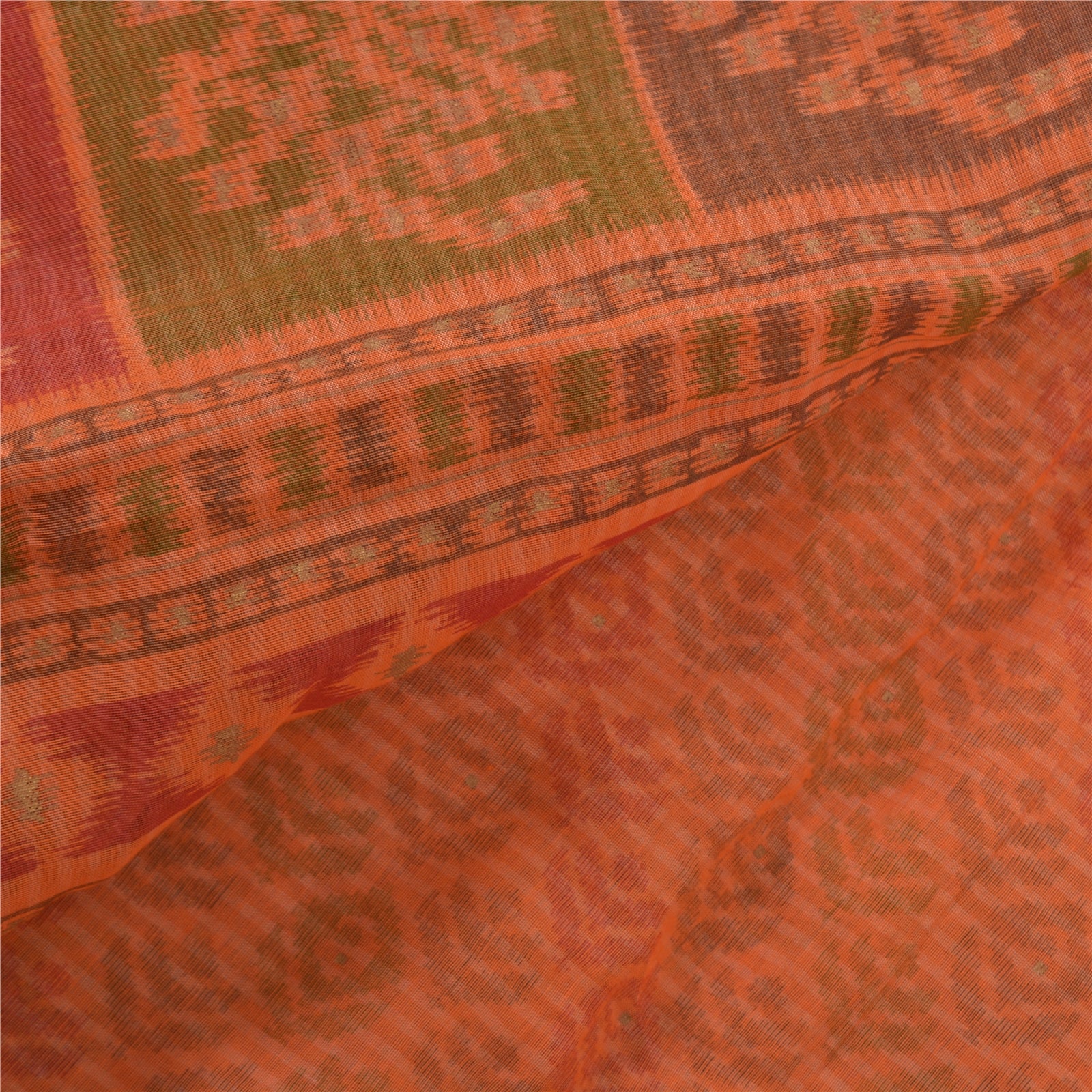 Sanskriti Vintage Saffron Sarees Pure Cotton Sari Printed Craft 5 Yard Sustainable Fabric