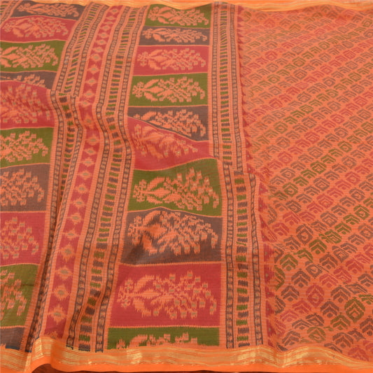 Sanskriti Vintage Saffron Sarees Pure Cotton Sari Printed Craft 5 Yard Sustainable Fabric