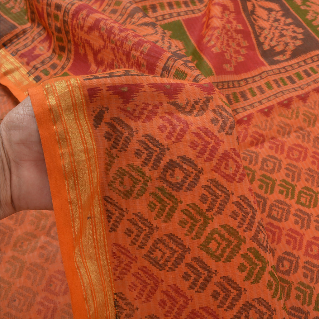 Sanskriti Vintage Saffron Sarees Pure Cotton Sari Printed Craft 5 Yard Sustainable Fabric