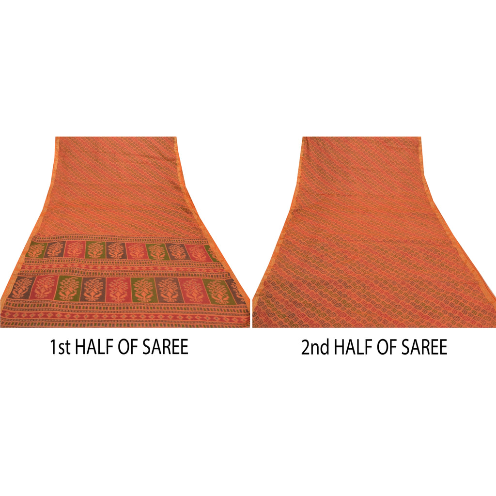 Sanskriti Vintage Saffron Sarees Pure Cotton Sari Printed Craft 5 Yard Sustainable Fabric