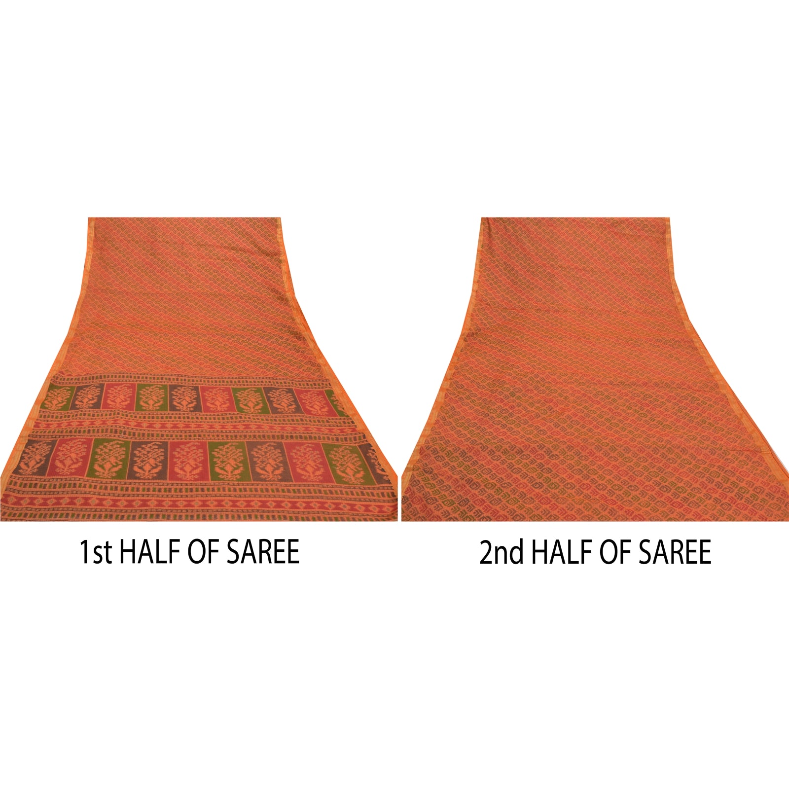 Sanskriti Vintage Saffron Sarees Pure Cotton Sari Printed Craft 5 Yard Sustainable Fabric