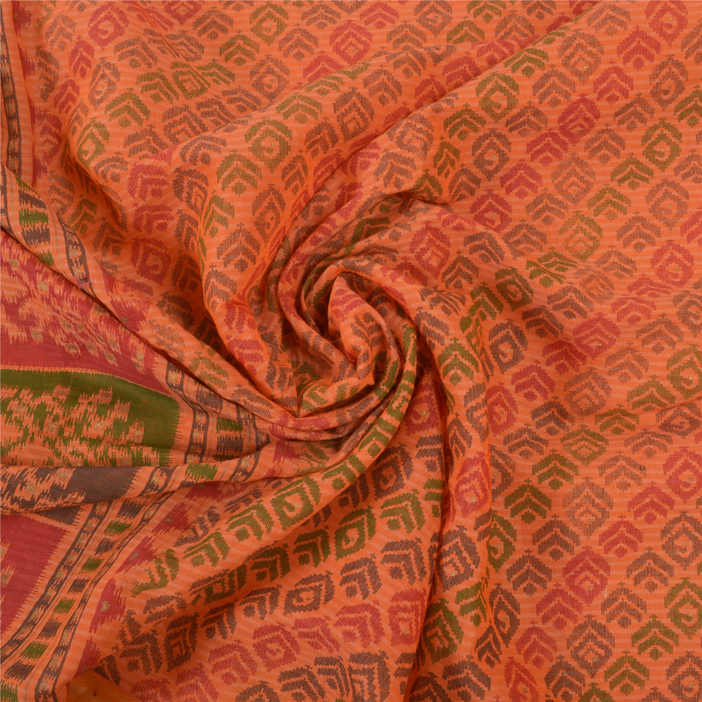 Sanskriti Vintage Saffron Sarees Pure Cotton Sari Printed Craft 5 Yard Sustainable Fabric