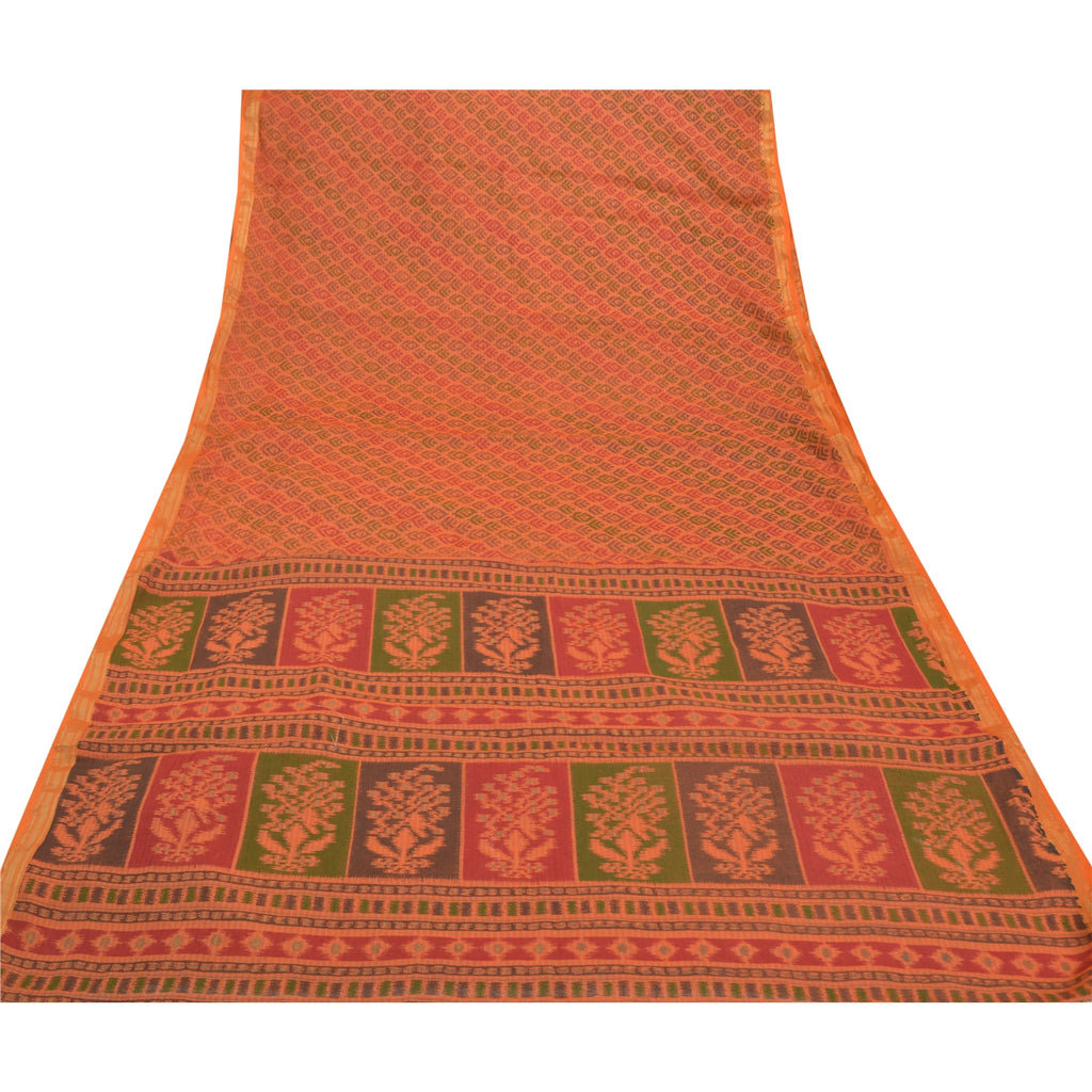 Sanskriti Vintage Saffron Sarees Pure Cotton Sari Printed Craft 5 Yard Sustainable Fabric