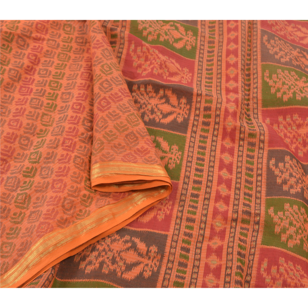 Sanskriti Vintage Saffron Sarees Pure Cotton Sari Printed Craft 5 Yard Sustainable Fabric