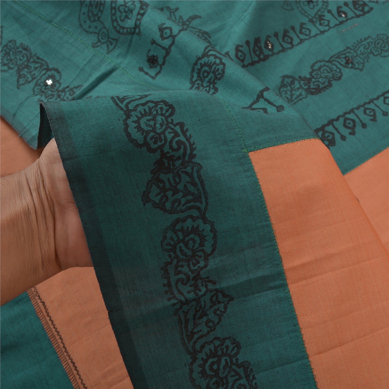 Sanskriti Vintage Hand Block Printed Silk Sari Fabric: Peach & Teal Green, 5yd Assorted Scraps, Upcycled Remnant Fabric