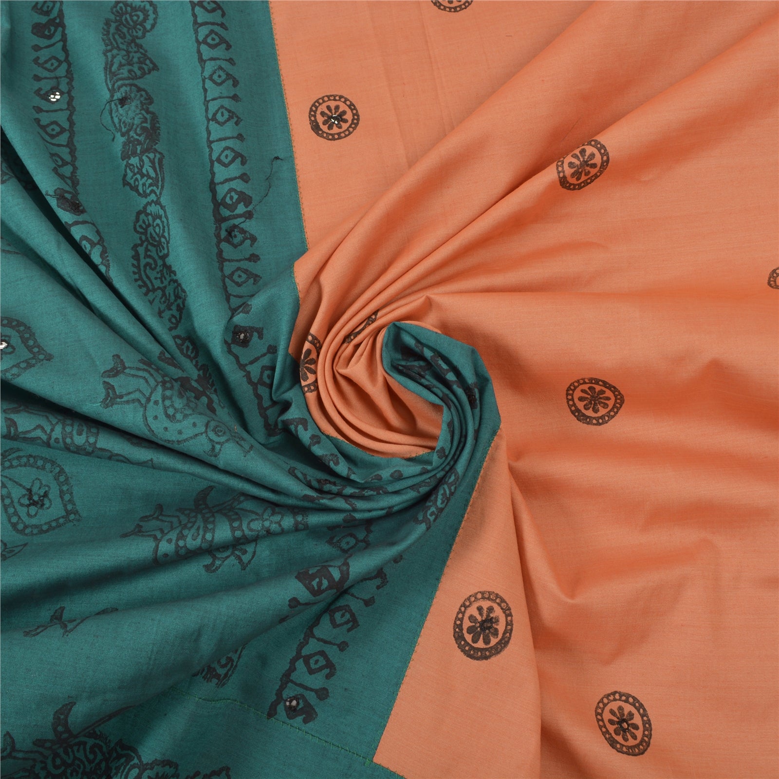 Sanskriti Vintage Hand Block Printed Silk Sari Fabric: Peach & Teal Green, 5yd Assorted Scraps, Upcycled Remnant Fabric