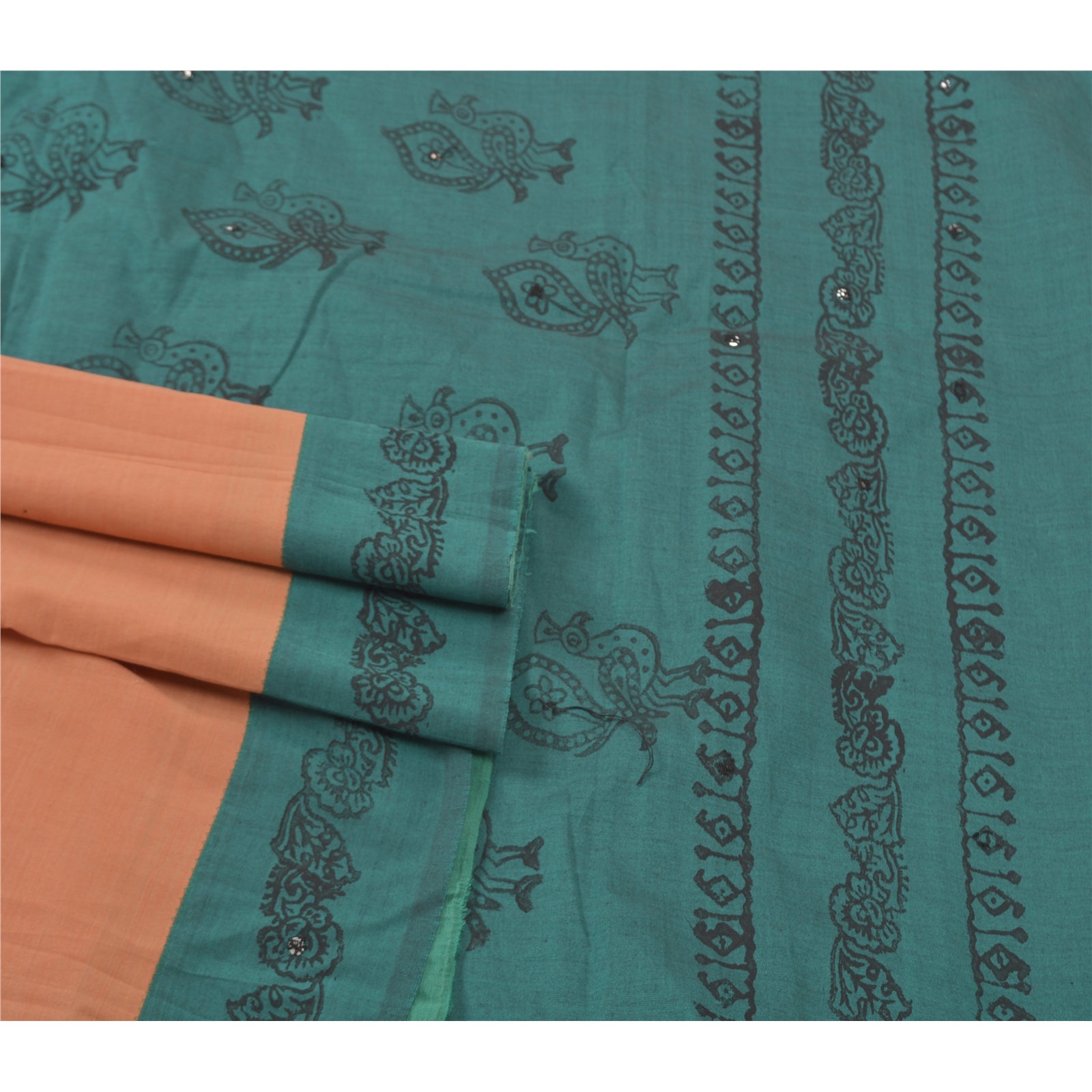 Sanskriti Vintage Hand Block Printed Silk Sari Fabric: Peach & Teal Green, 5yd Assorted Scraps, Upcycled Remnant Fabric