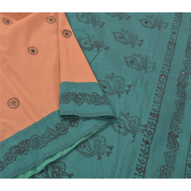 Sanskriti Vintage Hand Block Printed Silk Sari Fabric: Peach & Teal Green, 5yd Assorted Scraps, Upcycled Remnant Fabric upholstery fabric