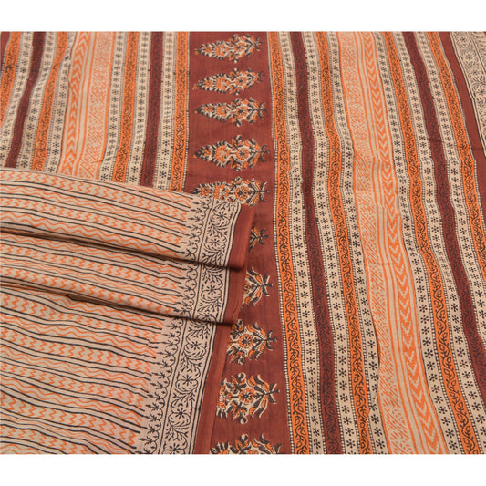 Sanskriti Vintage Cream Sari Pure Cotton Block Printed Sarees Craft 5 YD Sustainable Fabric
