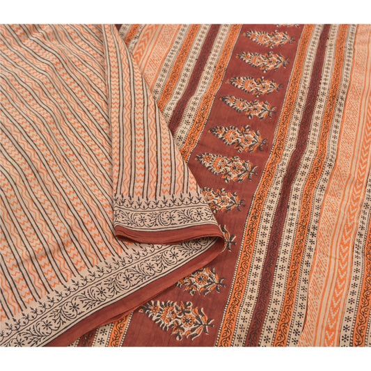 Sanskriti Vintage Cream Sari Pure Cotton Block Printed Sarees Craft 5 YD Sustainable Fabric