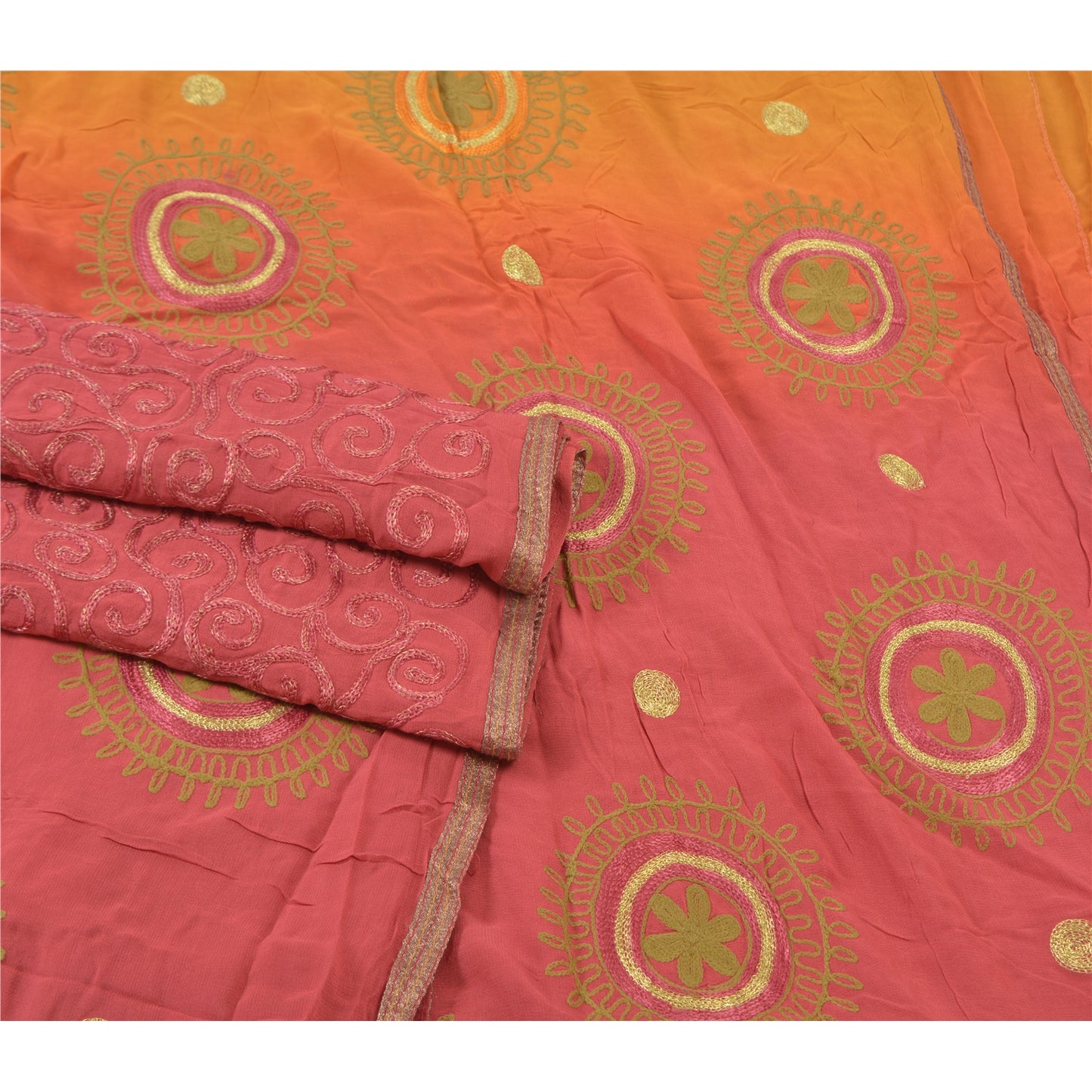 Sanskriti Vintage Pink Sarees Blend Georgette Handmade Zari Work Sari Sustainable Fabric