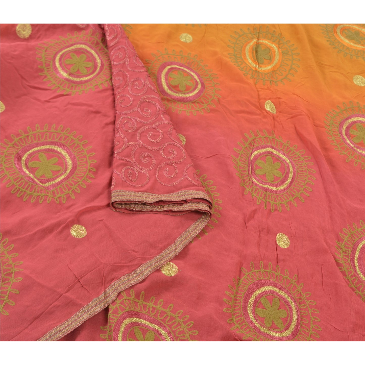 Sanskriti Vintage Pink Sarees Blend Georgette Handmade Zari Work Sari Sustainable Fabric