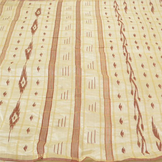 Sanskriti Vintage Cream Sarees Blend Silk Hand-Woven Indian Tant Sari Sustainable Fabric