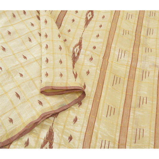 Sanskriti Vintage Cream Sarees Blend Silk Hand-Woven Indian Tant Sari Sustainable Fabric