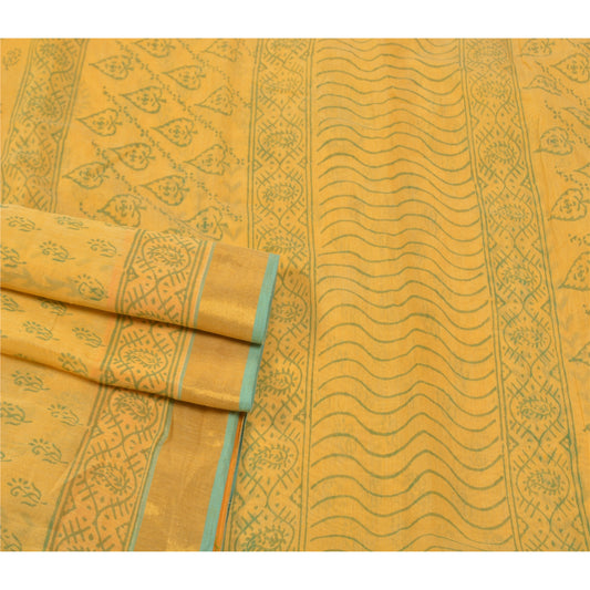 Sanskriti Vintage Indiske Gule Sarier Kunstsilke 5 Yard Trykt Bæredygtigt Stoff Sari