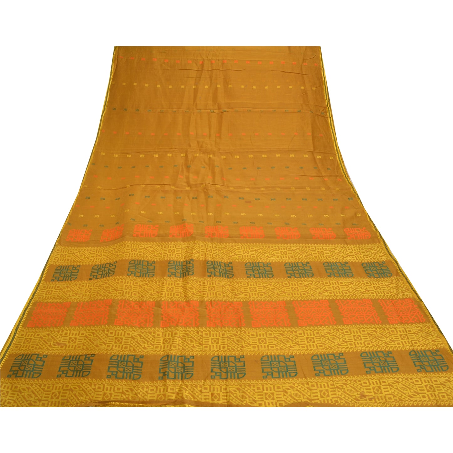 Sanskriti Vintage Sennep Sarier Ren Silke Trykt Sari 5 Yard Håndværk Bæredygtigt Stoff