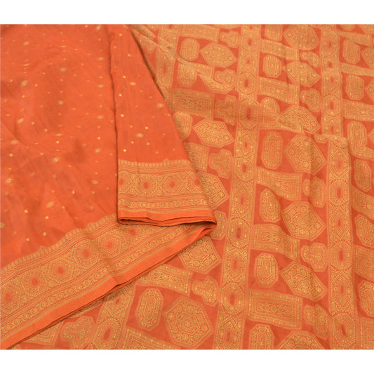 Sanskriti Vintage Orange Sarees 100% Pure Silk Woven Indian Sari Craft Sustainable Fabric