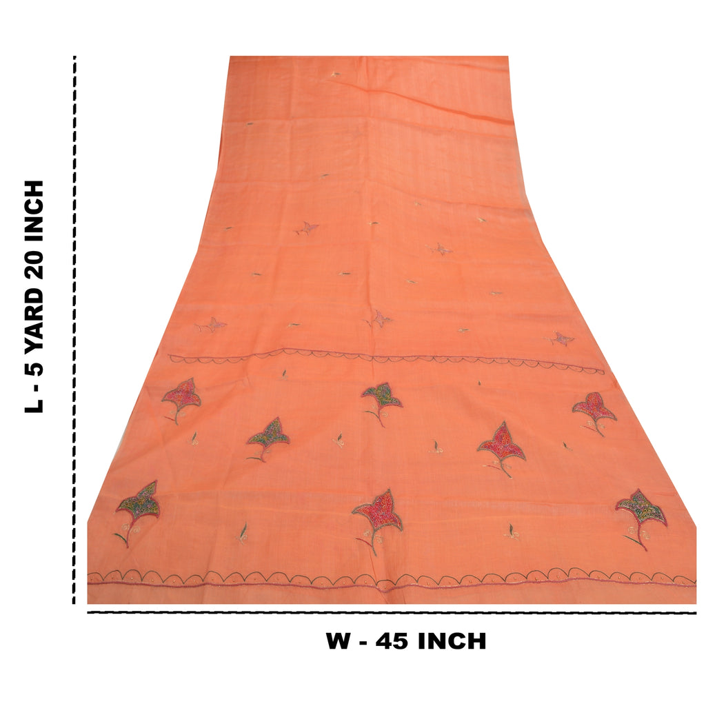 Sanskriti Vintage Peach Silk Pure Sari Fabric: Hand Embroidered Indian Saree, 5yd Add-Elegance to Table Linen, Curtains, or Cushions